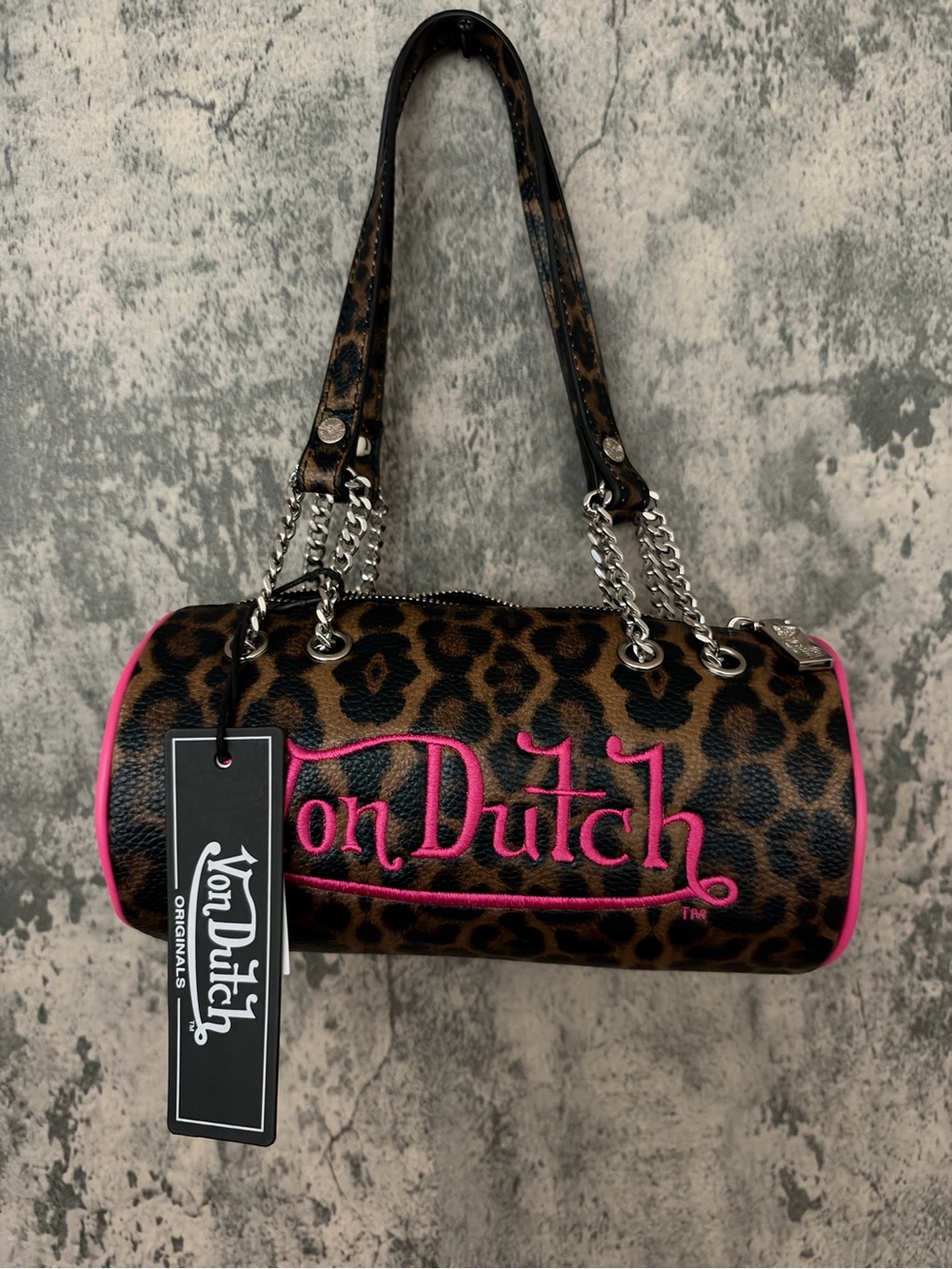 Von Dutch Leopard Print Mini Barrel Bag with Hot Pink Trim